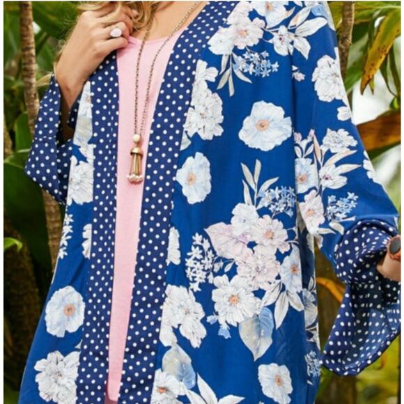 Suzanne Betro Floral Polka Dot Printed Kimono Top Cardigan Blue Long Sleeves 1X - Picture 14 of 14